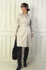Women's Trench Coat with Belted Waist and Sleeves, Button-Front and Pockets