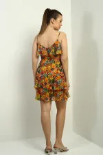 Women's Thin Strap Bust Ruffled Skirt Layered Lined Floral Pattern Short Chiffon Dress