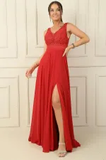 Ön Arka V Yaka Üst Boncuklu Çiçek Motifli Astarlı Uzun Şifon Abiye Elbise