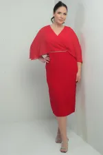 Women's V-Neck Chiffon Draped Lined Plus Size Crepe Midi Dress with Embellished Waist