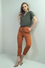 Pantalon carotte pour femme, taille élastique, poches latérales