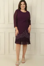 Plus Size Crepe Dress with Chiffon Pleated Sleeves and Stone Detail on the Hem