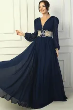 Kadın Ön Arka v Yaka Beli Nakış İşlemeli Astarlı Uzun Şifon Abiye Elbise