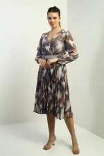 Women's Wrap Neckline Belted Lined Floral Patterned Pleated Midi Chiffon Dress