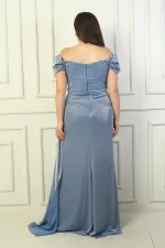 Kadın Düşük Kol Önü Drapeli Yanı Mendilli Astarlı Brayt Simli Uzun Büyük Beden Abiye Elbise