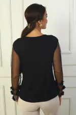 Kadın Ucu 3 Boyut Çiçekli Tül Kol Çilek Bluz