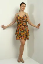 Women's Thin Strap Bust Ruffled Skirt Layered Lined Floral Pattern Short Chiffon Dress