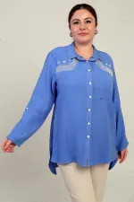 Chemise longue grande taille à manches repliées en maille ajourée pour femme