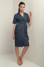 Women's Short Lycell Denim Dress with Jacket Collar, Belted Waist, and Pockets