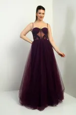 Robe longue princesse doublée à bretelles pour femme, avec buste plissé et ornements de perles