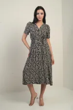 Women's V-Neck Waistband Button-Front Ethnic Pattern Midi Dress