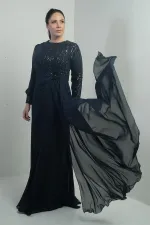 Women's Plus Size Long Chiffon Dress with Sequin and Bead Embellishment, Lined, and Floral Waistline