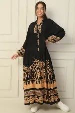 Long, half-buttoned, elasticated sleeve, printed modest dress.