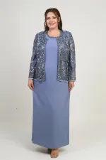 Ensemble 2 pièces pour femme, comprenant une veste en tulle ornée de sequins et de perles, une robe longue à manches demi-lune en crêpe doublée et un pantalon grande taille.