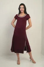 Women's Madonna Neckline Trimmed Slit Crystal Long Dress