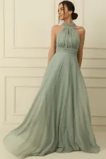 Boyundan Bağlamalı Astarlı Uzun Tül Elbise