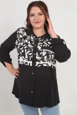 Kadın Kol Katlamalı Fırça Desenli Cep Kapaklı Büyük Beden Gömlek