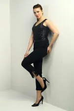 Kadın Beli Kemerli Yandan Cepli Paça Taş Detaylı Pantolon