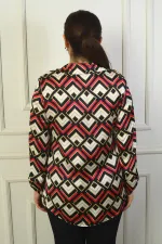 Women's Single Pocket Geometric Pattern Plus Size Satin Shirt