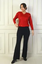 Kadın Beli Lastikli Yandan Cepli İspanyol Paça Çımalı Çelik Pantolon