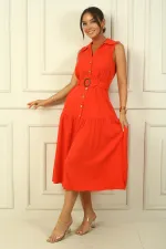 Buttoned Front Belted Long Dress