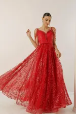 Boncuk Detaylı Astarlı Sim Flok Baskılı Uzun Elbise