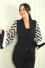 Kadın Kolları Zikzak Desen İspanyol Şifon Kollu Beli Kuşaklı Astarlı Ceket