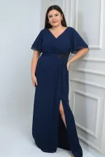 Women's Back V-Neck Lined Waist Beaded Detail Dart-Style Plus Size Crepe Chiffon Dress