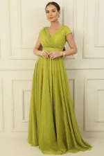 Kruvaze Yaka Tırnak Kol Tam Daire Kloş Astarlı Şifon Tül Uzun Elbise