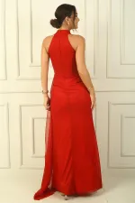 Boyunlu Eteği Mendilli Astarlı Simli Uzun Abiye Elbise