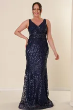 Robe longue à sequins grande taille pour femme, col en V, doublure, détails perlés