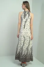 Women's Halter Neck Tie-Up Floral Print Long Dress with Pockets