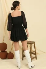 Square Neck, Belted Waist, Lined, Layered Chiffon Dress