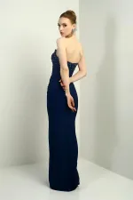 Kadın Straplez Taş-Boncuk Detaylı Önü Düğümü Uzun Sandy Elbise