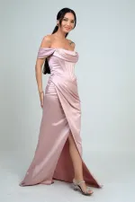 Kadın Straplez Düşük Kollu Astarlı Balenli Saten Uzun Elbise