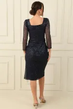 Square Neck, Lined, Slit, Long Mesh Sleeve Dress