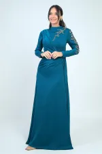 Taş İşlemeli Önü Büzgülü Astarlı Krep Saten Tesettür Elbise