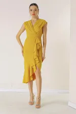 Double-Breasted, Flounced Front, Lined Crepe Dress