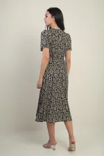 Women's V-Neck Waistband Button-Front Ethnic Pattern Midi Dress