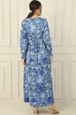 Beli Kuşaklı Gül Desenli Kol Uçları Büzgülü Gofre Uzun Elbise