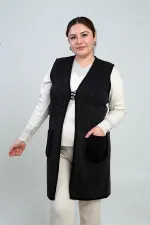 Gilet long en maille à poches, motif mini, fermeture à 3 boutons, grande taille, pour femme