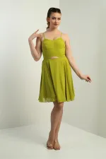 Women's Strappy, Back-Tie, Front-Opening, Lined Chiffon Short Flared Dress