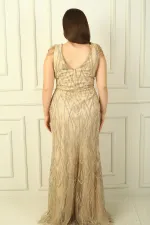 Kadın Omzu Püsküllü Astarlı Boncuk Ve Taşlı Büyük Beden Uzun Elbise