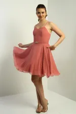 Women's Strappy, Back-Tie, Front-Opening, Lined Chiffon Short Flared Dress