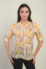 Kadın Büyük Çiçek Desenli Kol Katlamalı Gömlek