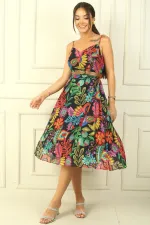 Chiffon Dress with Rope Straps, Belted Waist, Mixed Floral Pattern, Lined Pleated Skirt