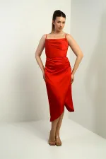 Robe midi asymétrique à bretelles, drapée et doublée pour femme