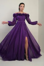 Women's Floral Madonna Neckline Belted Lined Chiffon Long Dress