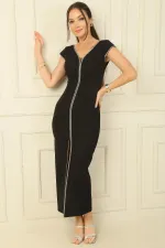 V-Neck Double Sleeve Dress with Rhinestone Embellishment and Slit