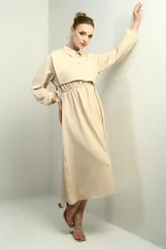Women's Button-Down Detachable Vest, Elastic Waist, Long-Sleeved Midi Dress